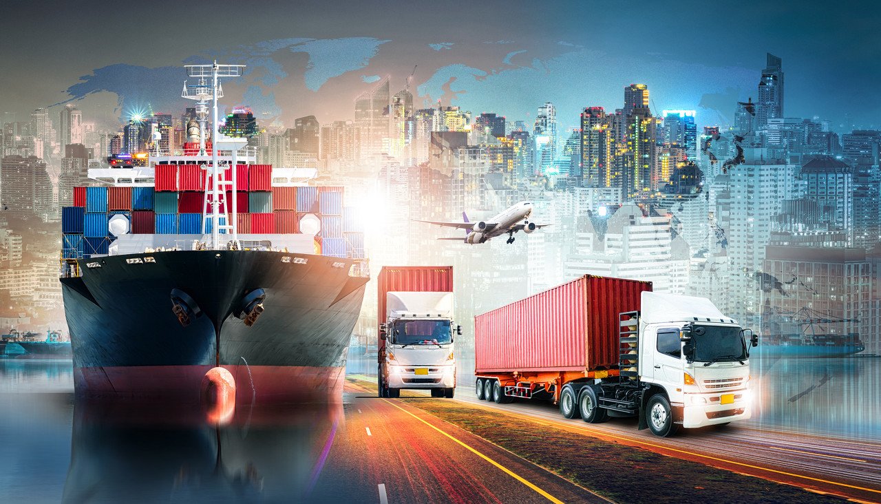 global business logistics import export background and container cargo freight ship transport concept